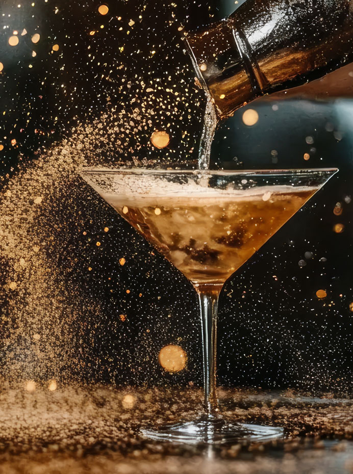 Detailaufnahme eines prickelnden Cocktails mit Glitter in der Neuro Bar in Berlin-Adlershof